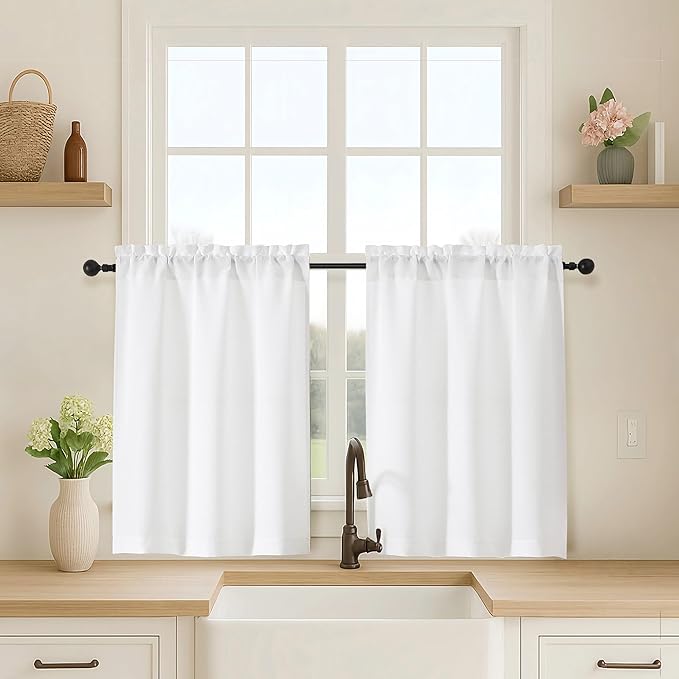 OVZME White Curtains 30 Inch Length, Light Filtering Thick Textured Small by OVZME