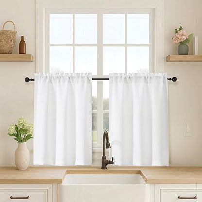 OVZME White Curtains 30 Inch Length, Light Filtering Thick Textured Small by OVZME