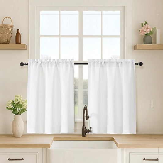 OVZME White Curtains 30 Inch Length, Light Filtering Thick Textured Small by OVZME