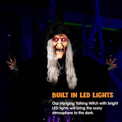JOYIN 47” Animated Witch Halloween Decorations Outdoor Indoor, Scary Halloween Animatronics Decor, Hanging Ghost Talking Sound Activated Led Lights Eyes Haunted House Yard Garden Lawn