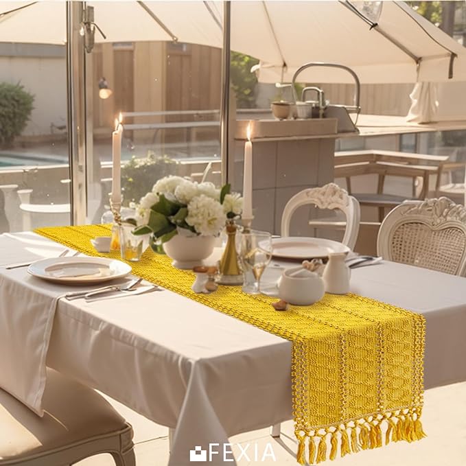 Gold Macrame Table Runner with Tassels - Image 7