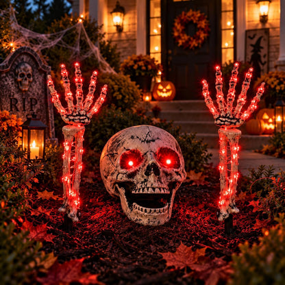 Halloween Skeleton Decorations Outdoor, Light Up Skull Head & Skeleton Hands Stake Lights with Red LED, Battery Operated Halloween Yard Decor for Lawn, Garden, Graveyard, Haunted House & Party