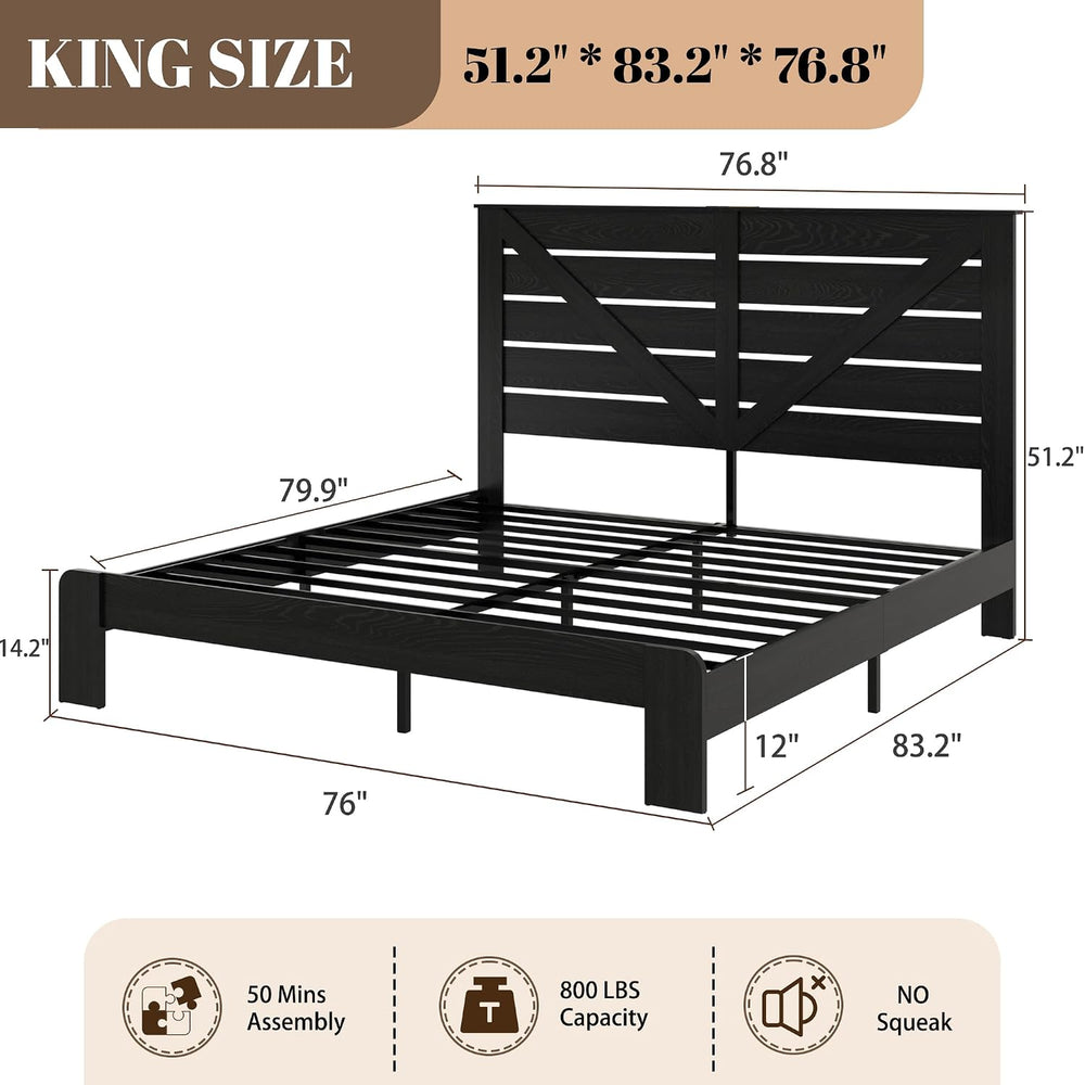 King Farmhouse Bed Frame with Headboard, LED Lights, USB Charging