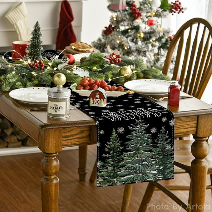 Artoid Mode Black Pine Tree Snowflake Merry Christmas Table Runner, Seasonal - Image 2