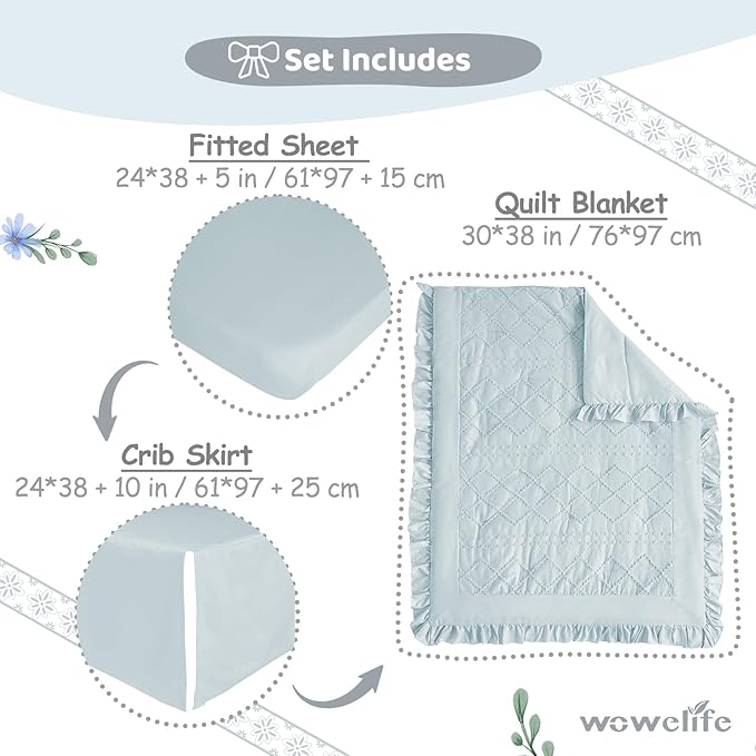 Wowelife Mini Crib Bedding Set for Girls, 3 Piece Tufted Jacquard Ruffle Fringe - Image 4