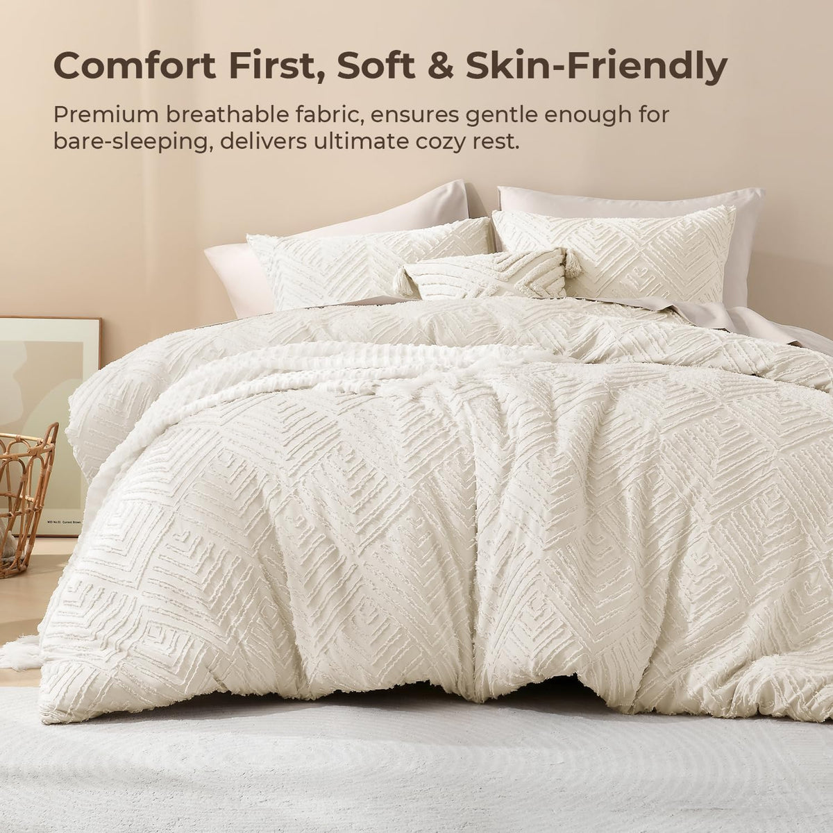 litanika king size comforter set, 3 pieces beige shown in use