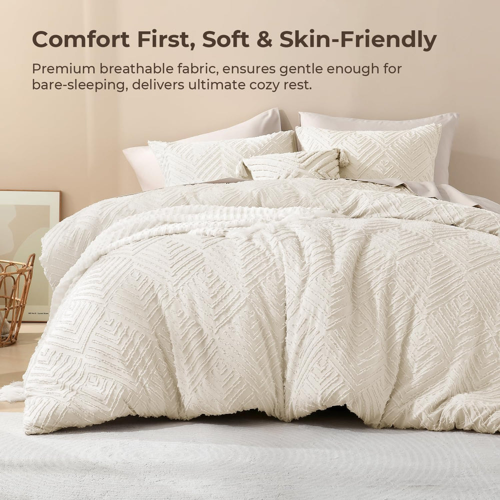 Litanika Queen Size Comforter Set, 3 Pieces Beige Tufted Boho Bedding Set