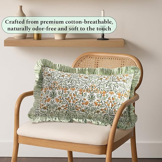 Ridhi Goldenrod Yellow 100% Cotton Block Print Ruffle Lumbar Sham Cover - Image 7