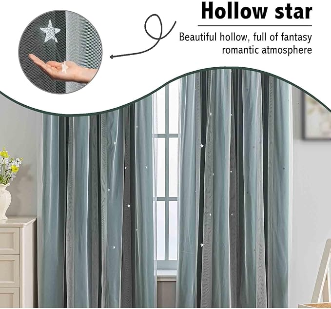 Anytime Romantic Kids Curtain, Hollow-Out Stars Window Curtain Double Layer - Image 6