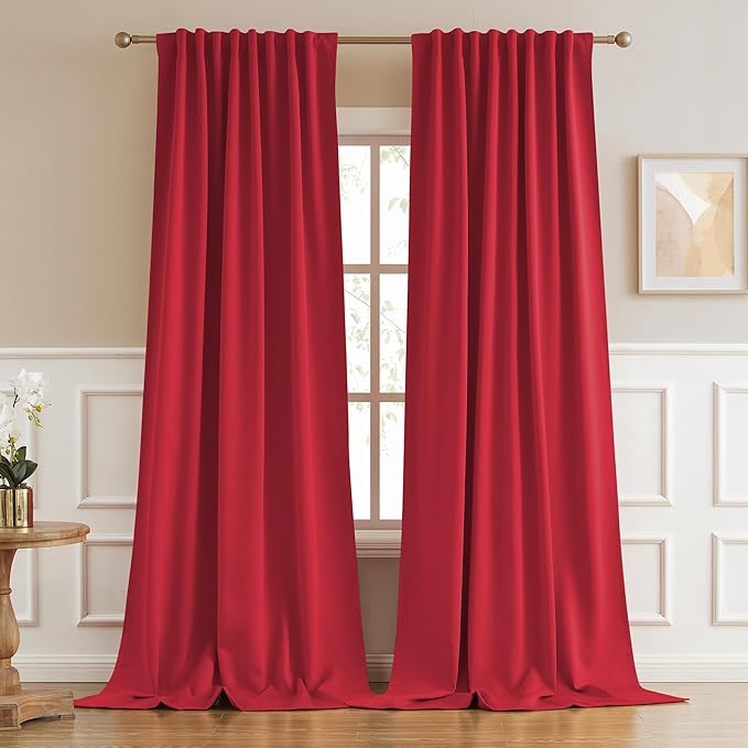 DUALIFE Extra Long 132 Inch Curtains Red Back Tab Loop Pocket Thermal Insulated by DUALIFE