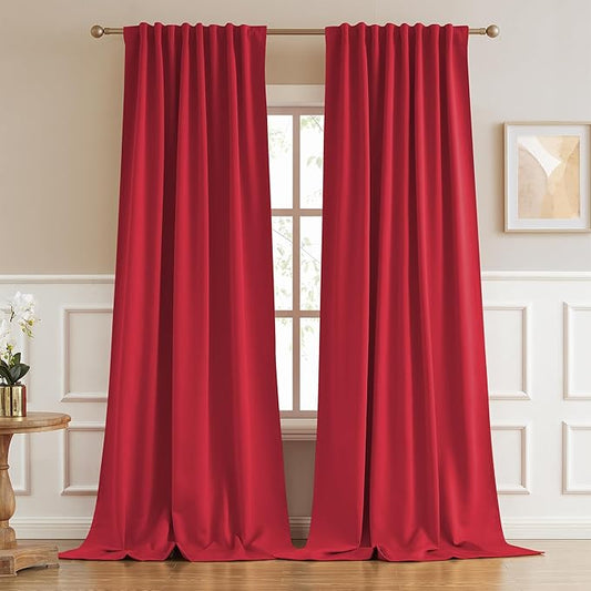 DUALIFE Extra Long 132 Inch Curtains Red Back Tab Loop Pocket Thermal Insulated by DUALIFE