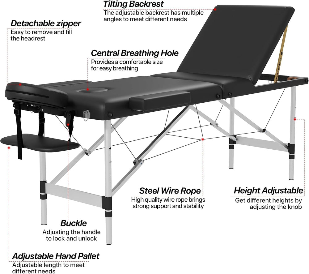 HENGJIANYI Massage Table,Portable 3Section Foldable Aluminum Lash Bed,Black