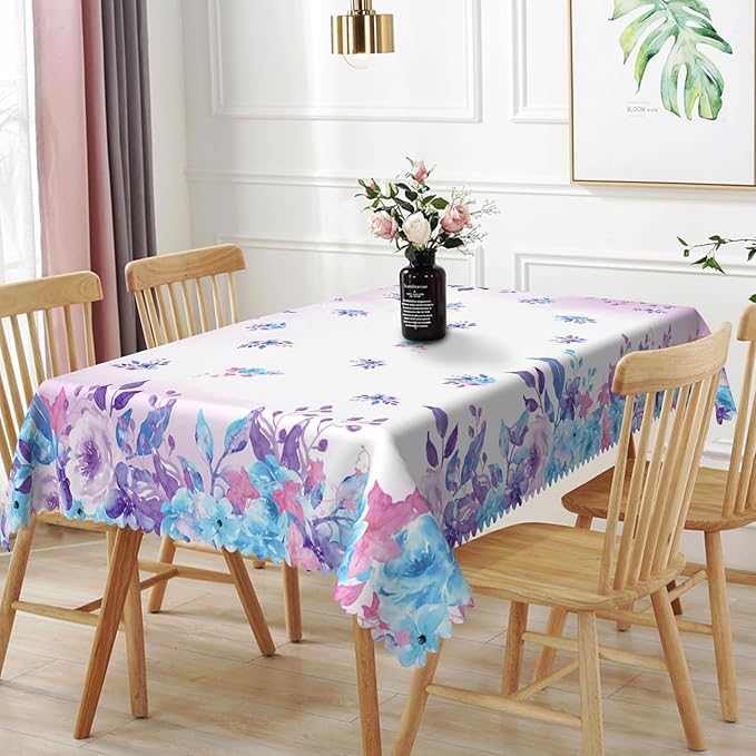 60x120inches Floral Rectangle Tablecloth Watercolor Purple Blue Flowers Printed by TTQYFNM