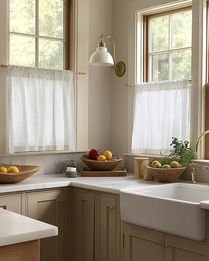 jinchan Linen Kitchen Curtains 45 Inch Rustic Tier Curtains Farmhouse Rod - Image 3