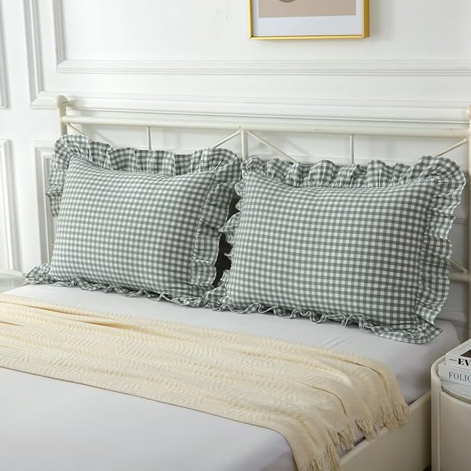 Dusty Green Plaid Ruffle Pillow Shams King Size Set of 2, Washed Cotton - Image 7