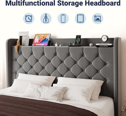allewie queen bed frame, storage headboard & charging, side view