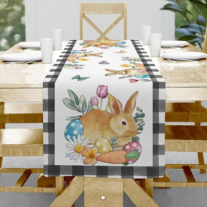 Easter Bunnies Table Runner, Easter Eggs Linen Farmhouse Table Runners by Hliyty