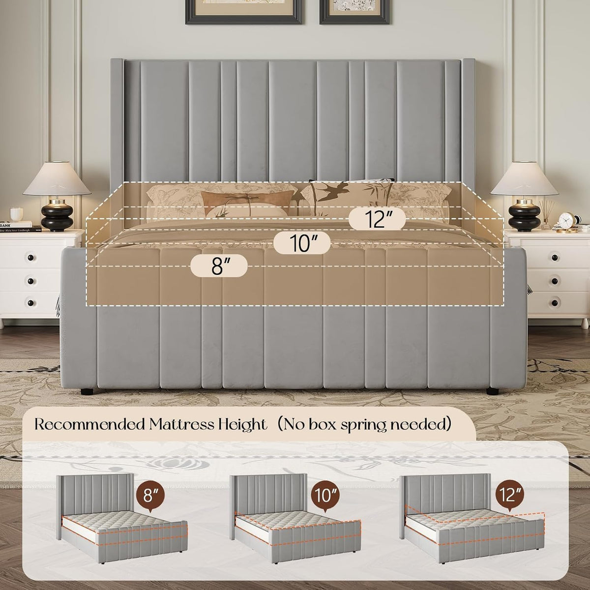 hombck bed frame queen size with velvet headboard showing dimensions