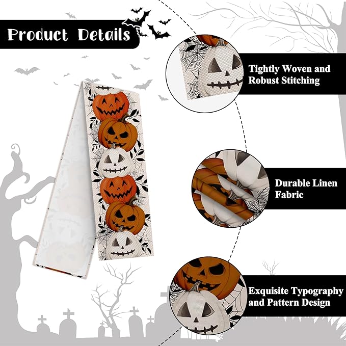 Happy Halloween Table Runner Pumpkin White Spider Web Fall Kitchen Dining Table - Image 7