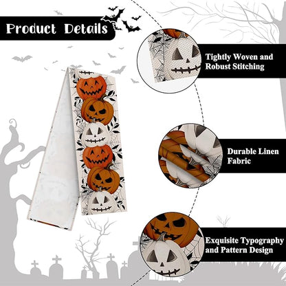 Happy Halloween Table Runner Pumpkin White Spider Web Fall Kitchen Dining Table - Image 7