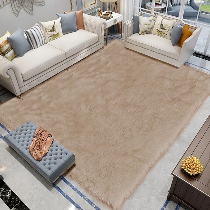 Latepis Shag Area Rug 6.7x10 Light Brown Beige Washable Faux Fur Fuzzy Rugs by Latepis