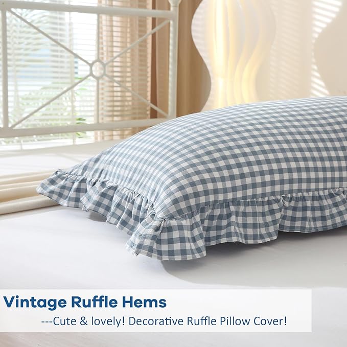Dust Blue White Plaid Gingham Ruffle Body Pillow Cover, 100% Washed Cotton - Image 4