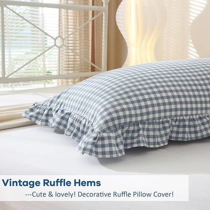 Dust Blue White Plaid Gingham Ruffle Body Pillow Cover, 100% Washed Cotton - Image 4