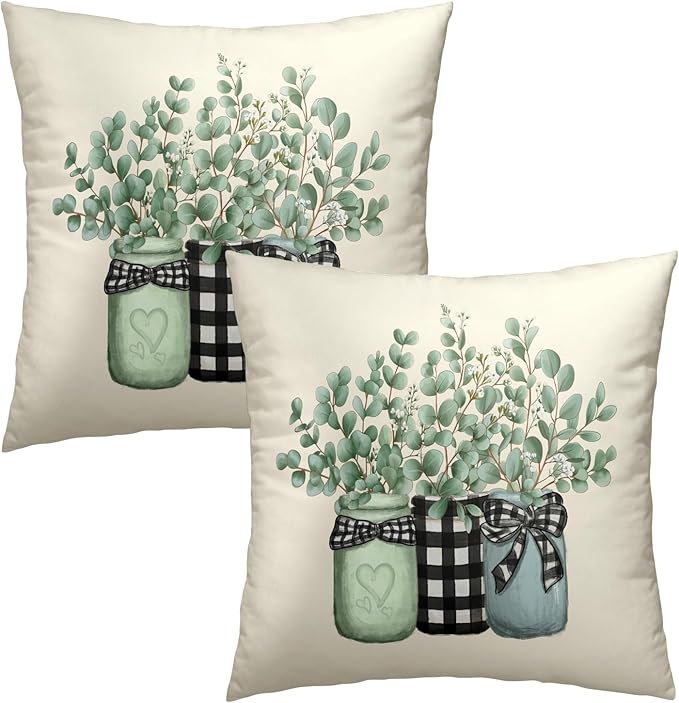 Eucalyptus Leaves Throw Pillow Covers Set of 2 Spring Green Botanical Plaid Jar - Image 2