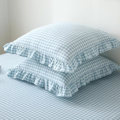 2 Pack Light Blue White Plaid Ruffle Gingham Euro Pillow Covers, 100% Washed - Image 3