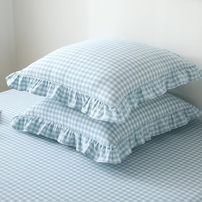 2 Pack Light Blue White Plaid Ruffle Gingham Euro Pillow Sham Covers, 100% - Image 3