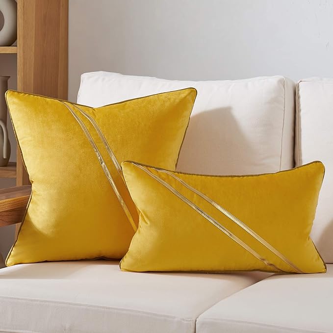 Avigers 20 x 20 Inch Yellow Gold Leather Striped Lines Velvet Cushion Case - Image 6