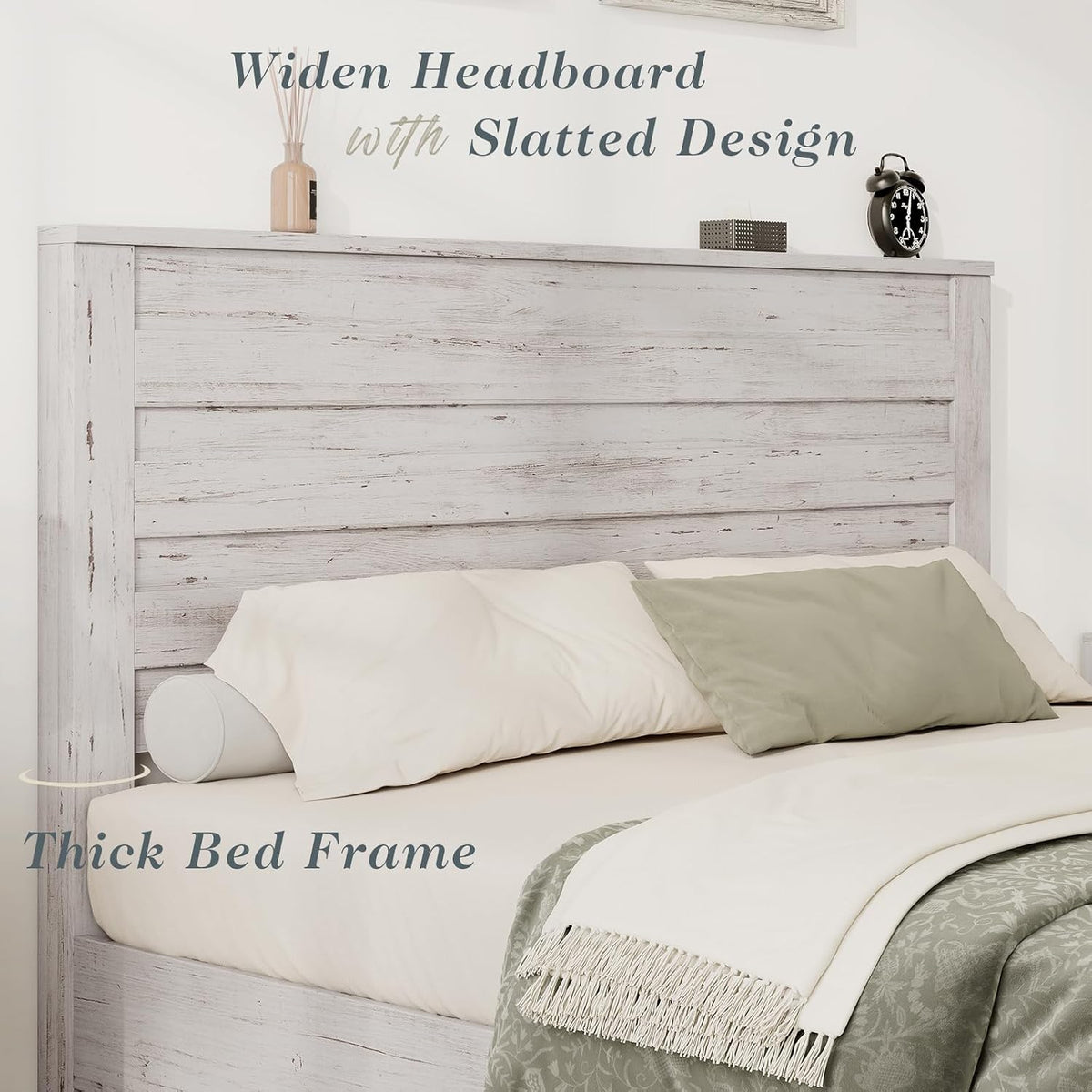 albott farmhouse queen platform bed with 49" headboard, close-up detail
