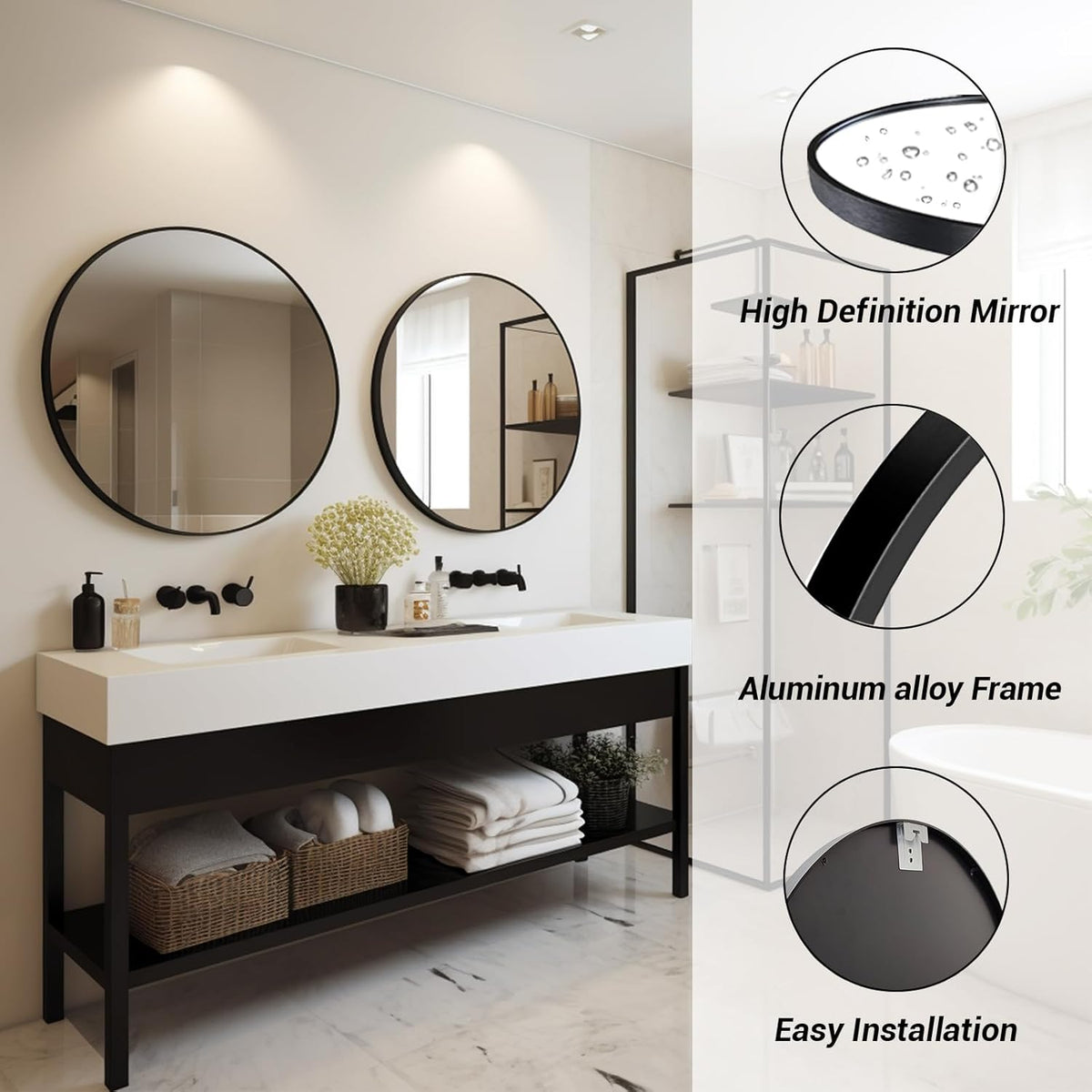 sunniry black round mirror, round mirror 24 inch shown in use