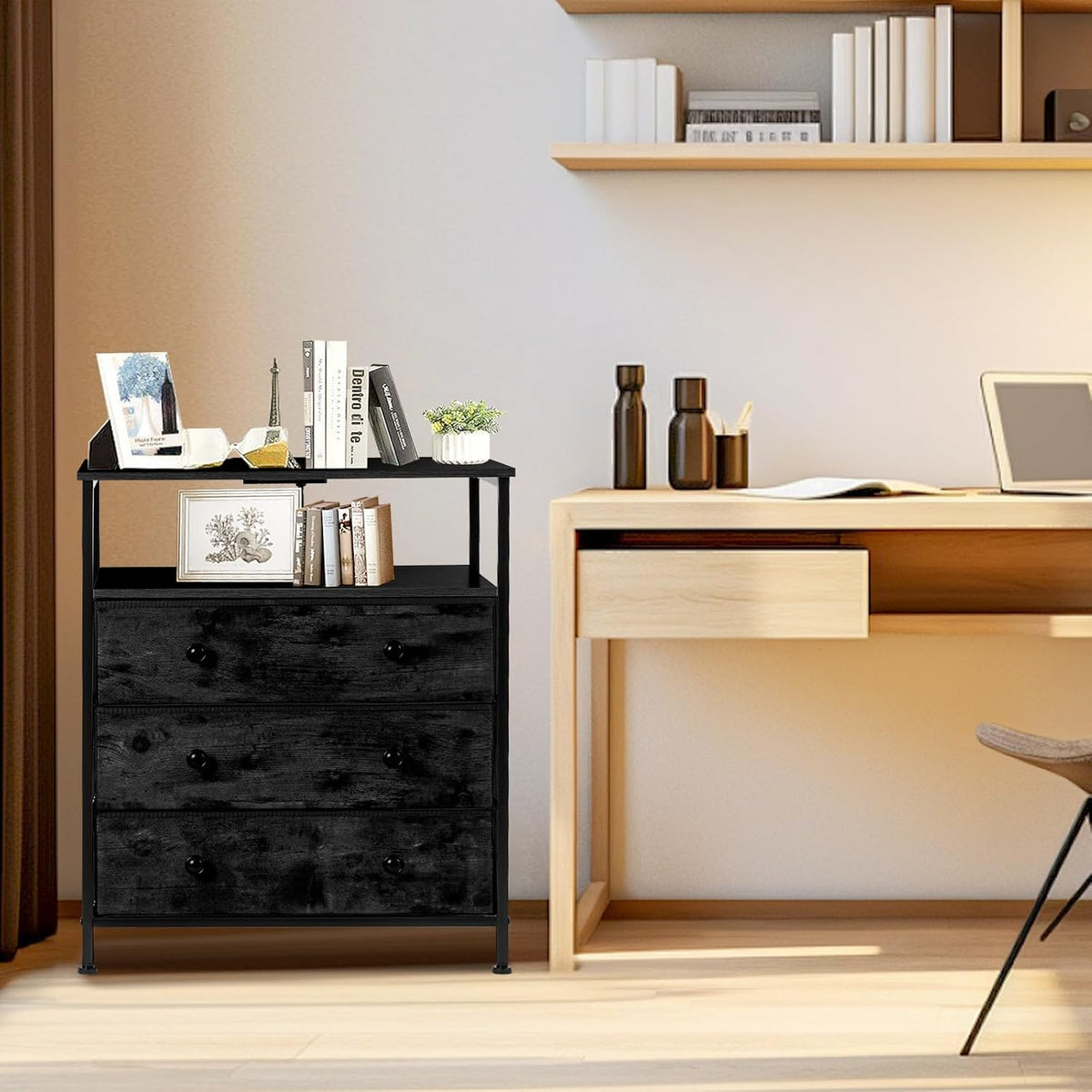 3-drawer led nightstand with charging station, black., front angle view