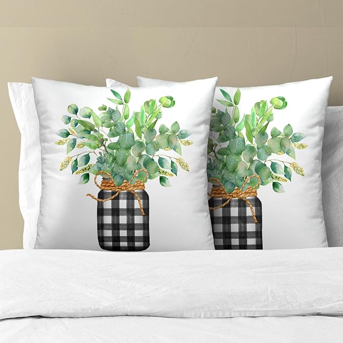 Green Eucalyptus Leaves Pillowcase 16x16 Inch Set of 2 Spring Theme Botanical - Image 2
