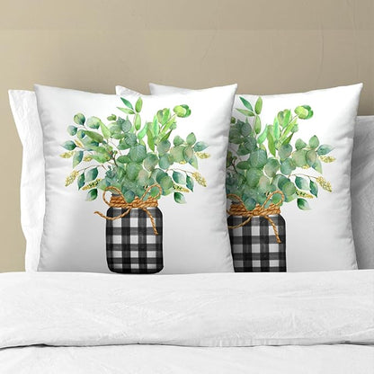 Green Eucalyptus Leaves Pillowcase 16x16 Inch Set of 2 Spring Theme Botanical - Image 2