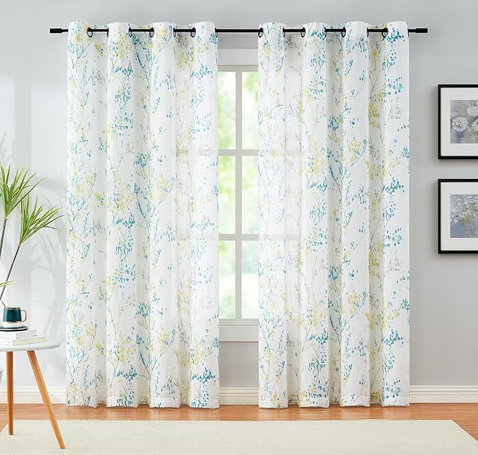 Branch Semi Sheers Curtains Living-Room 84inch Long Yellow Teal Watercolor - Image 2