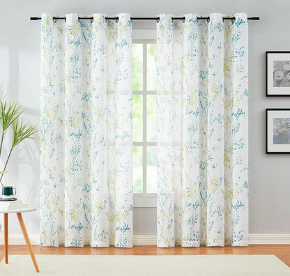Branch Semi Sheers Curtains Living-Room 84inch Long Yellow Teal Watercolor - Image 2