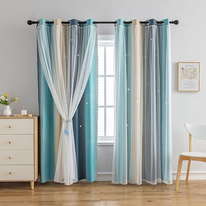 Star Girl and Kids Curtains for Bedroom Rainbow Ombre Double Layer Cute Shot by conokata