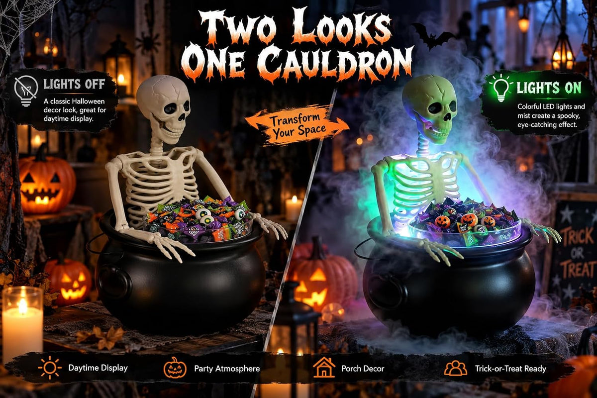 HOMELEX Halloween Cauldron Candy Bowl with Skeleton, LED Mist Maker Decor for Porch Party Table