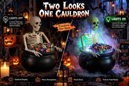 HOMELEX Halloween Cauldron Candy Bowl with Skeleton, LED Mist Maker Decor for Porch Party Table