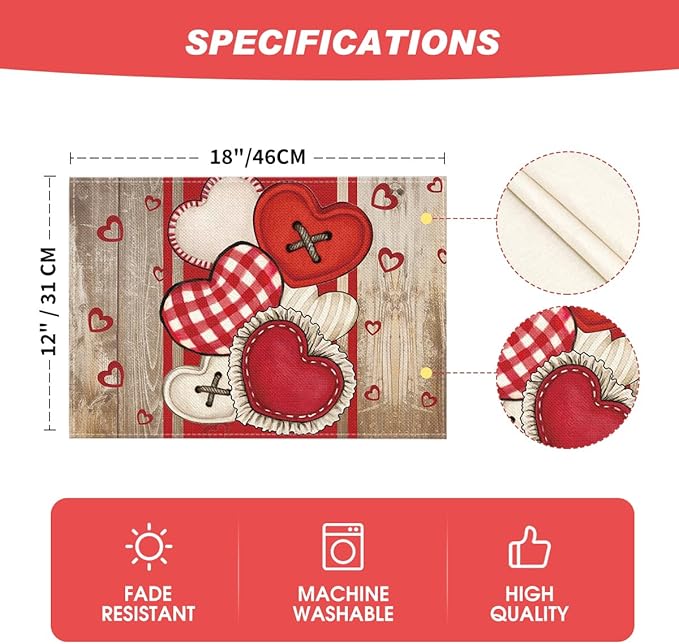 Artoid Mode Wooden Heart-Shaped Buttons Valentine Placemats Set of 4, 12x18 - Image 6