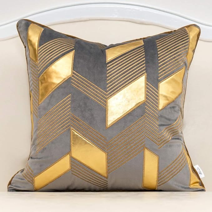 Alerfa 18 x 18 Inches Gray Geometric Gold Leather Striped Cushion Cases by Alerfa