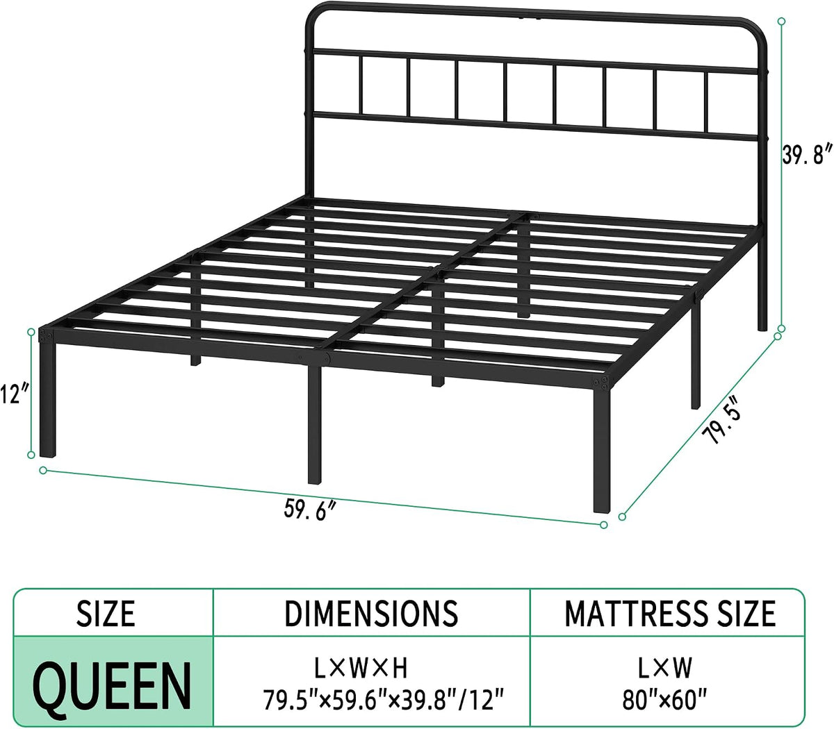 queen bed frame with classic headboard, black shown in use