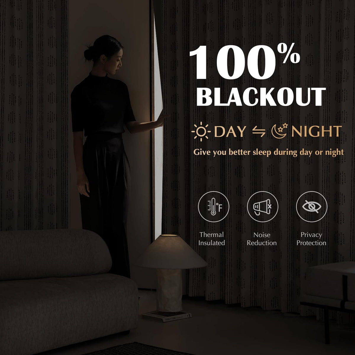 100% blackout black boho curtains, 63 inches, 2, close-up detail