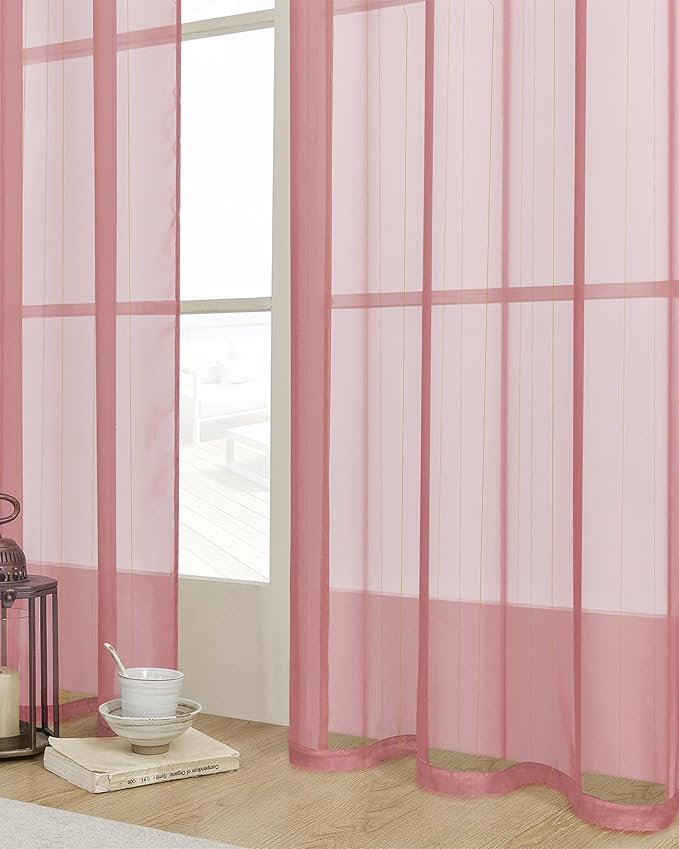 Stripe Pink Sheer Curtains 84 inch Length 2 Panels Grommets Top Semi - Image 4