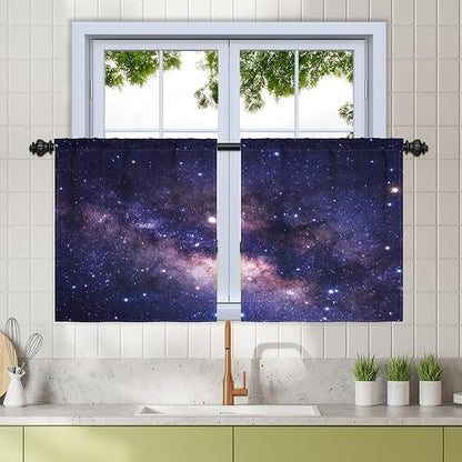 Renaiss 26 x 24 Inch Purple Galaxy Kitchen Window Curtains Tier Outer Space by Renaiss