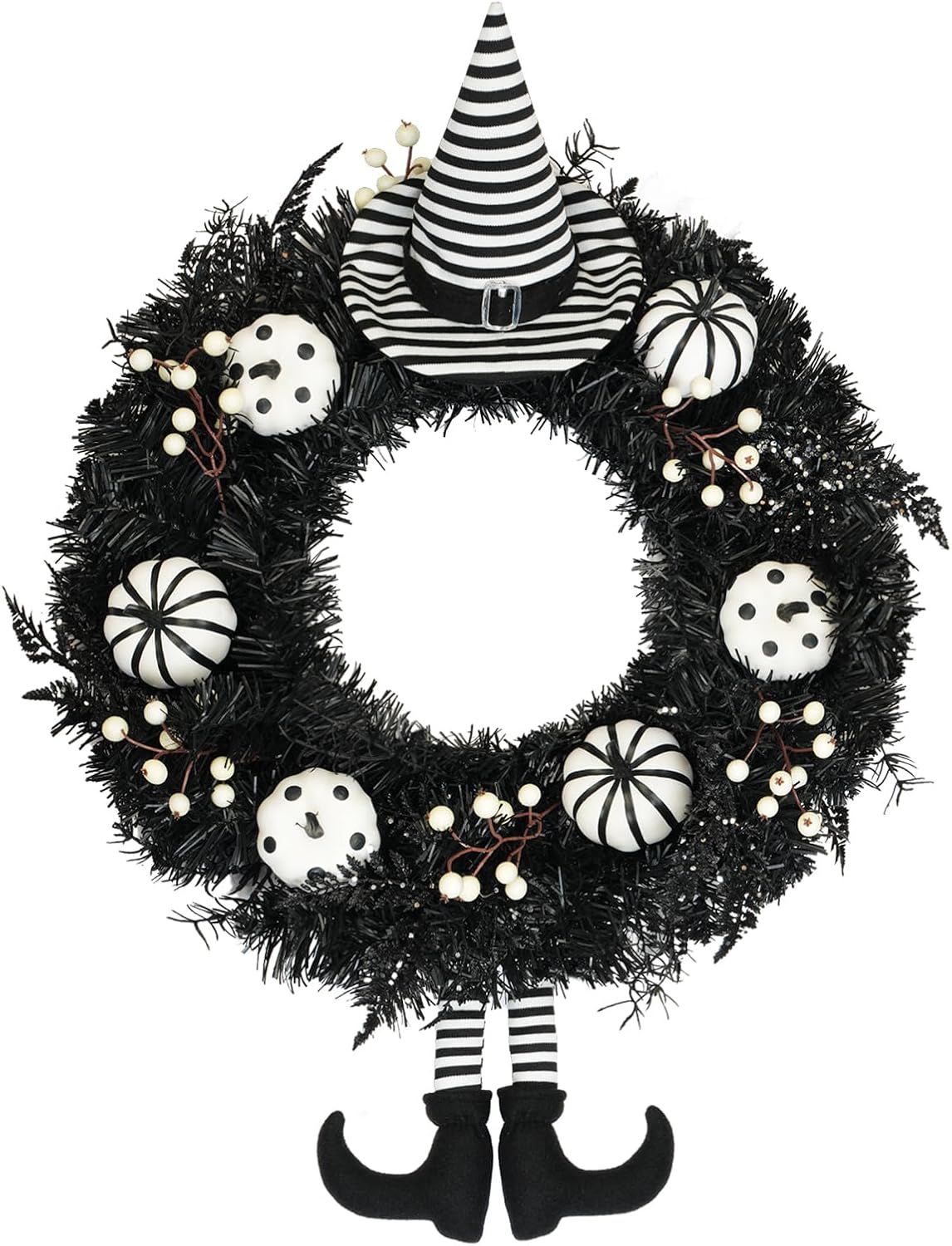 26" Halloween Wreath for Front Door with Hat, Legs, Pumpkins