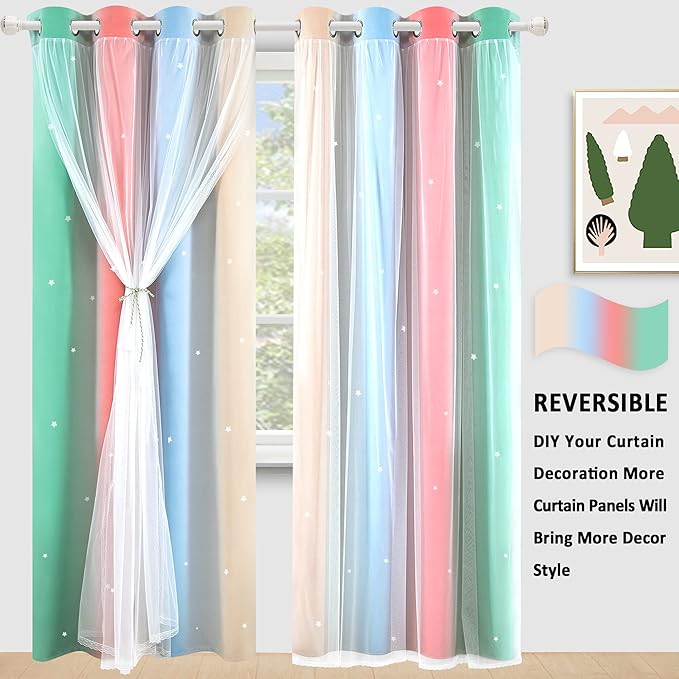 Kinryb Nursery/Kids/Girls Room Star Cut Out Blackout Rainbow Curtain - Image 5