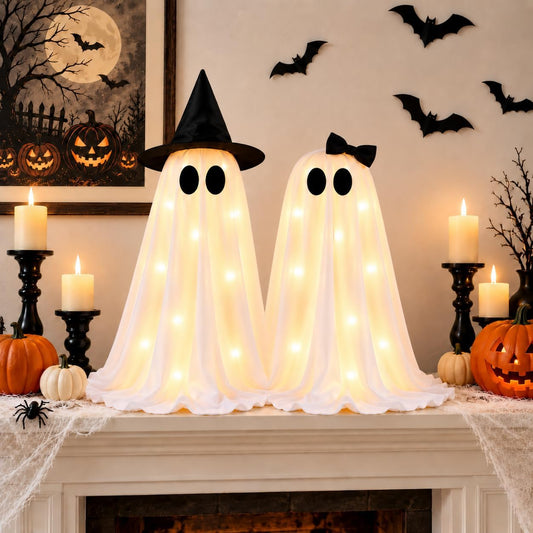 2 Pack Halloween Ghost Decorations Indoor Outdoor, Lighted Ghost Decor with Warm White String Lights, Spooky Halloween Ghosts for Porch Yard Garden Lawn Indoor Party Home Decor